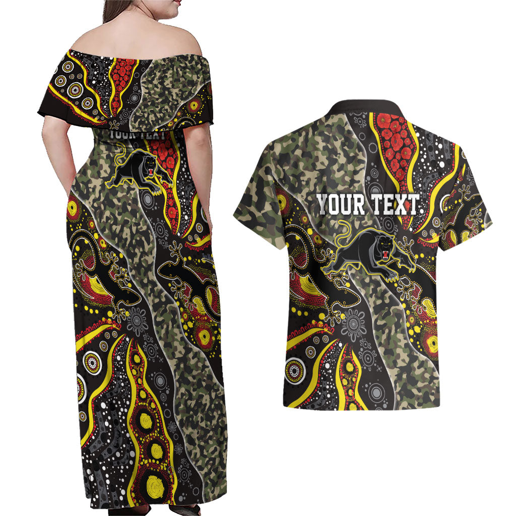 Personalized Penrith Panthers ANZAC Couples Matching Off Shoulder Maxi Dress and Hawaiian Shirt Aboriginal Indigenous Poppy Panther Warrior