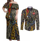 Personalized Penrith Panthers ANZAC Couples Matching Off Shoulder Maxi Dress and Long Sleeve Button Shirt Aboriginal Indigenous Poppy Panther Warrior