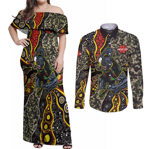 Personalized Penrith Panthers ANZAC Couples Matching Off Shoulder Maxi Dress and Long Sleeve Button Shirt Aboriginal Indigenous Poppy Panther Warrior