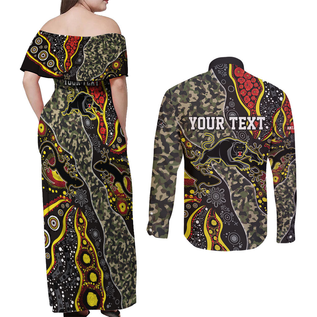 Personalized Penrith Panthers ANZAC Couples Matching Off Shoulder Maxi Dress and Long Sleeve Button Shirt Aboriginal Indigenous Poppy Panther Warrior
