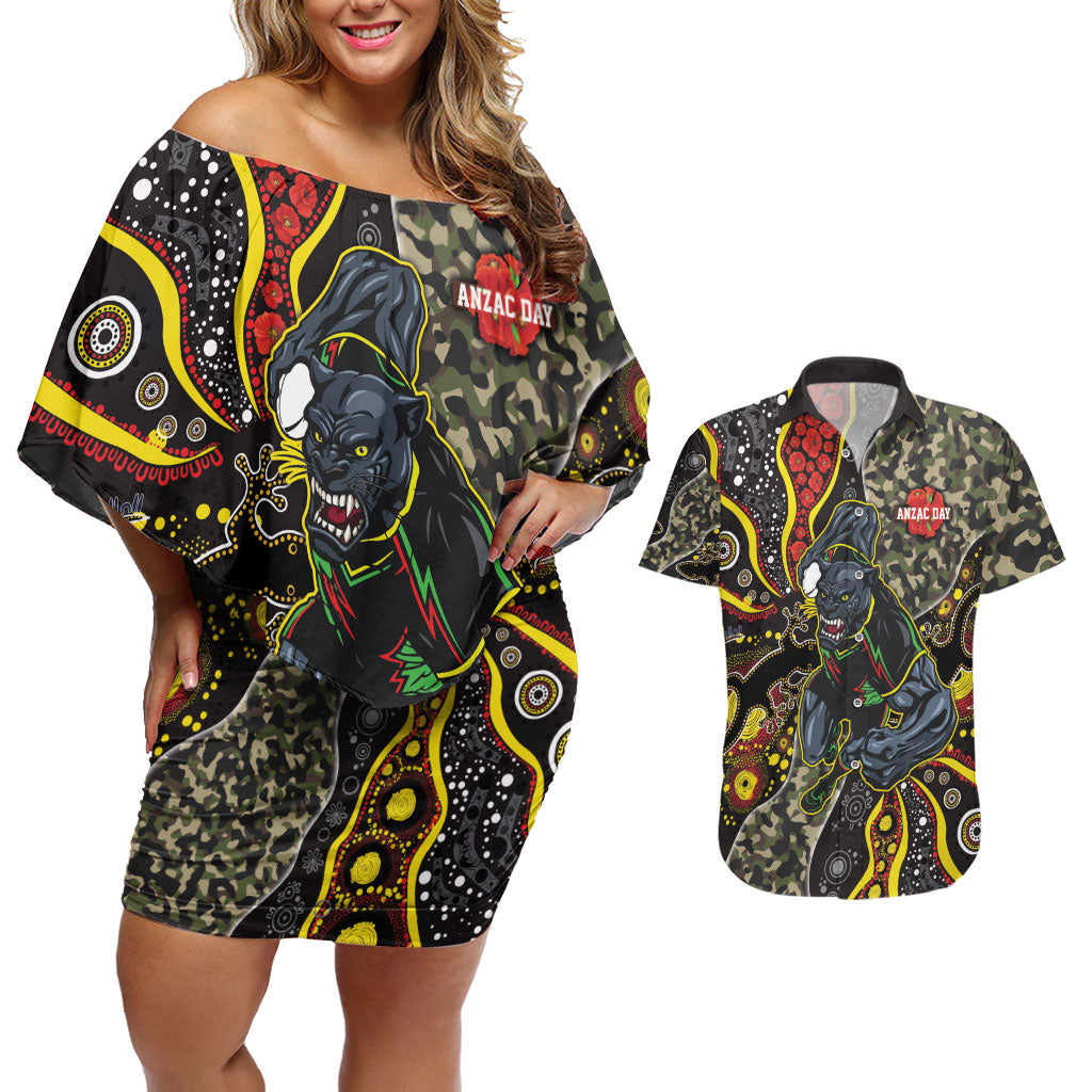 Personalized Penrith Panthers ANZAC Couples Matching Off Shoulder Short Dress and Hawaiian Shirt Aboriginal Indigenous Poppy Panther Warrior