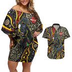 Personalized Penrith Panthers ANZAC Couples Matching Off Shoulder Short Dress and Hawaiian Shirt Aboriginal Indigenous Poppy Panther Warrior