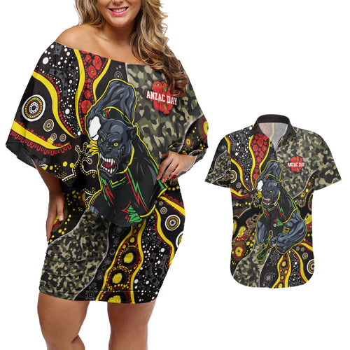 Personalized Penrith Panthers ANZAC Couples Matching Off Shoulder Short Dress and Hawaiian Shirt Aboriginal Indigenous Poppy Panther Warrior