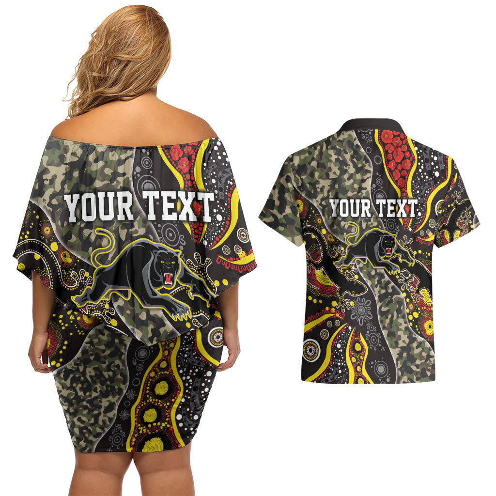 Personalized Penrith Panthers ANZAC Couples Matching Off Shoulder Short Dress and Hawaiian Shirt Aboriginal Indigenous Poppy Panther Warrior