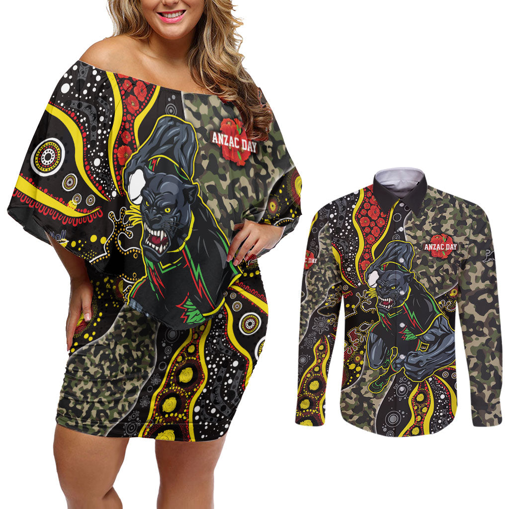 Personalized Penrith Panthers ANZAC Couples Matching Off Shoulder Short Dress and Long Sleeve Button Shirt Aboriginal Indigenous Poppy Panther Warrior