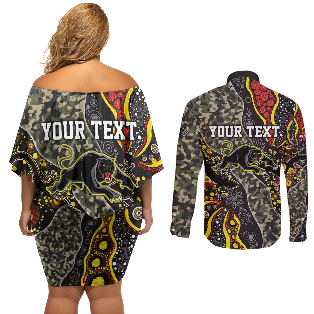 Personalized Penrith Panthers ANZAC Couples Matching Off Shoulder Short Dress and Long Sleeve Button Shirt Aboriginal Indigenous Poppy Panther Warrior