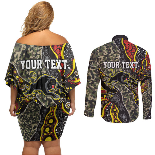 Personalized Penrith Panthers ANZAC Couples Matching Off Shoulder Short Dress and Long Sleeve Button Shirt Aboriginal Indigenous Poppy Panther Warrior