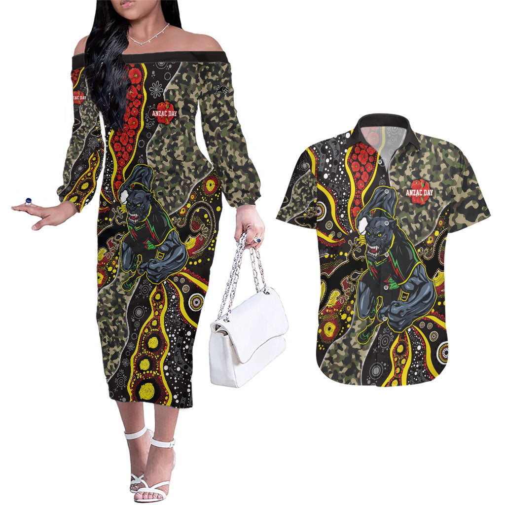 Personalized Penrith Panthers ANZAC Couples Matching Off The Shoulder Long Sleeve Dress and Hawaiian Shirt Aboriginal Indigenous Poppy Panther Warrior