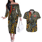 Personalized Penrith Panthers ANZAC Couples Matching Off The Shoulder Long Sleeve Dress and Hawaiian Shirt Aboriginal Indigenous Poppy Panther Warrior