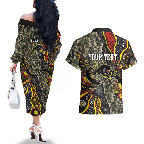Personalized Penrith Panthers ANZAC Couples Matching Off The Shoulder Long Sleeve Dress and Hawaiian Shirt Aboriginal Indigenous Poppy Panther Warrior