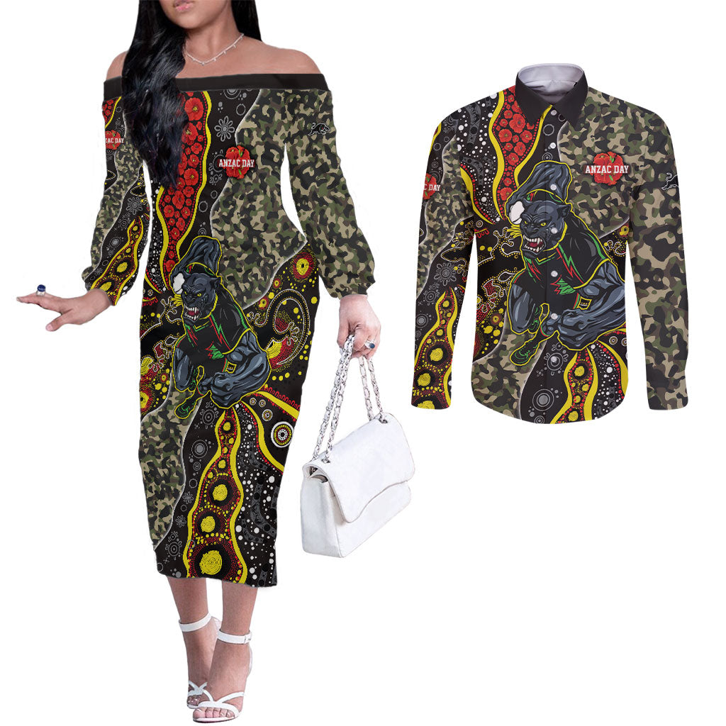 Personalized Penrith Panthers ANZAC Couples Matching Off The Shoulder Long Sleeve Dress and Long Sleeve Button Shirt Aboriginal Indigenous Poppy Panther Warrior
