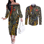 Personalized Penrith Panthers ANZAC Couples Matching Off The Shoulder Long Sleeve Dress and Long Sleeve Button Shirt Aboriginal Indigenous Poppy Panther Warrior