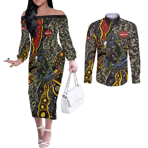 Personalized Penrith Panthers ANZAC Couples Matching Off The Shoulder Long Sleeve Dress and Long Sleeve Button Shirt Aboriginal Indigenous Poppy Panther Warrior