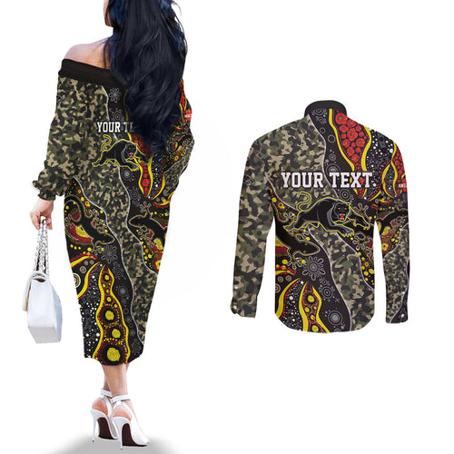 Personalized Penrith Panthers ANZAC Couples Matching Off The Shoulder Long Sleeve Dress and Long Sleeve Button Shirt Aboriginal Indigenous Poppy Panther Warrior