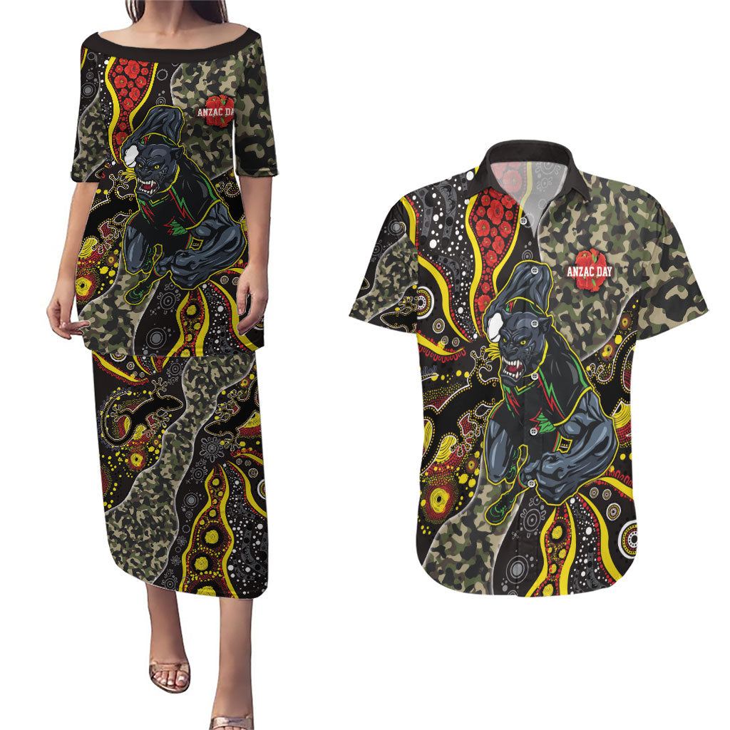 Personalized Penrith Panthers ANZAC Couples Matching Puletasi and Hawaiian Shirt Aboriginal Indigenous Poppy Panther Warrior