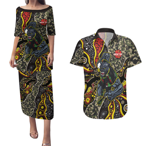 Personalized Penrith Panthers ANZAC Couples Matching Puletasi and Hawaiian Shirt Aboriginal Indigenous Poppy Panther Warrior