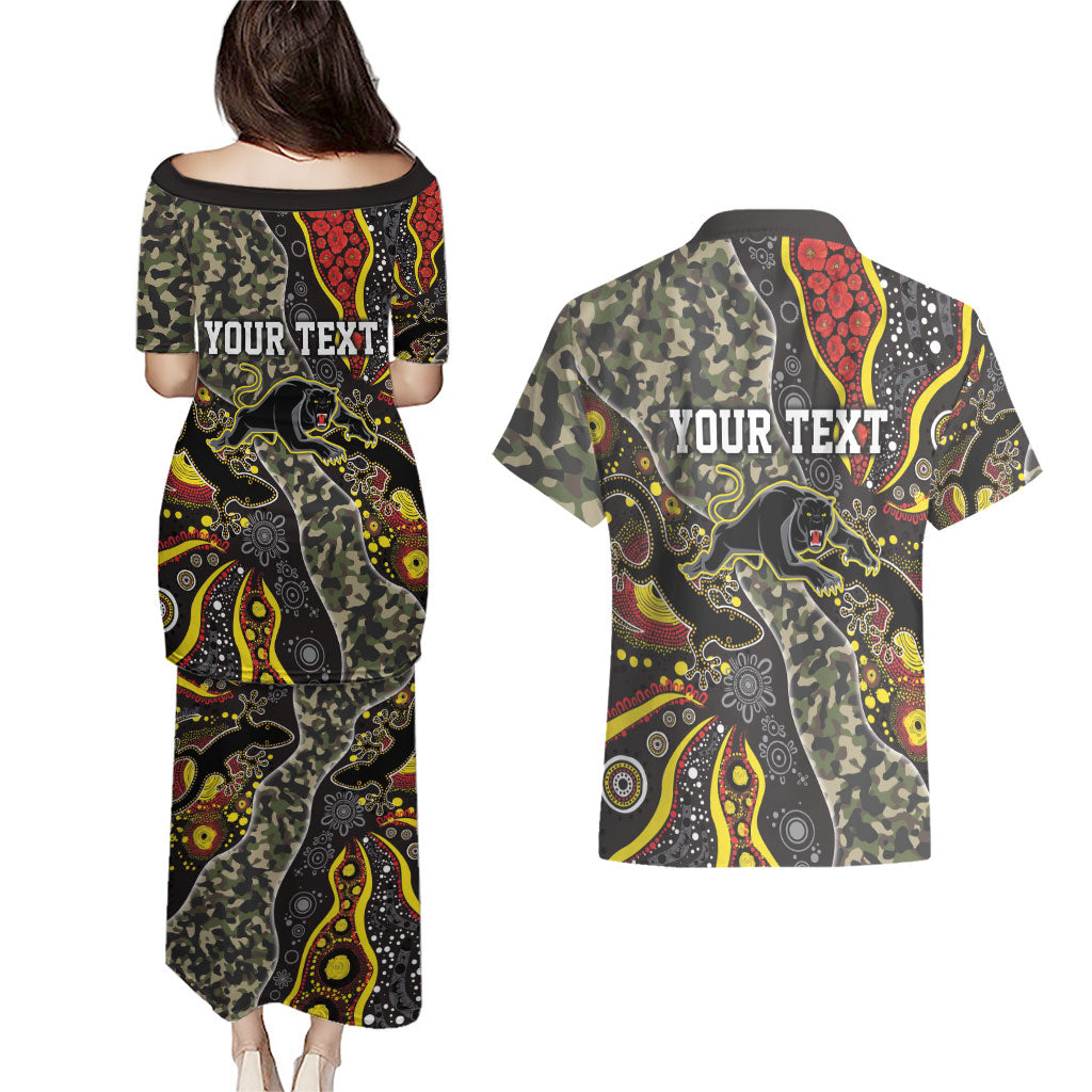 Personalized Penrith Panthers ANZAC Couples Matching Puletasi and Hawaiian Shirt Aboriginal Indigenous Poppy Panther Warrior