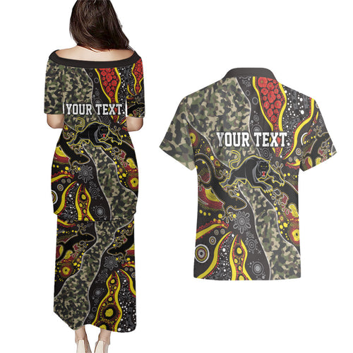 Personalized Penrith Panthers ANZAC Couples Matching Puletasi and Hawaiian Shirt Aboriginal Indigenous Poppy Panther Warrior