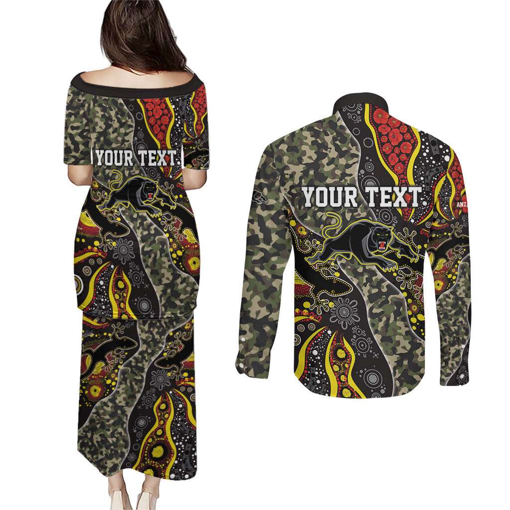 Personalized Penrith Panthers ANZAC Couples Matching Puletasi and Long Sleeve Button Shirt Aboriginal Indigenous Poppy Panther Warrior