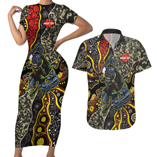 Personalized Penrith Panthers ANZAC Couples Matching Short Sleeve Bodycon Dress and Hawaiian Shirt Aboriginal Indigenous Poppy Panther Warrior