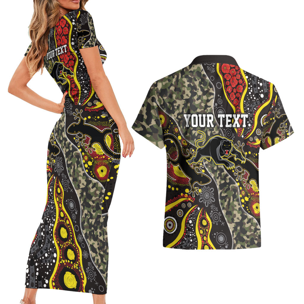 Personalized Penrith Panthers ANZAC Couples Matching Short Sleeve Bodycon Dress and Hawaiian Shirt Aboriginal Indigenous Poppy Panther Warrior