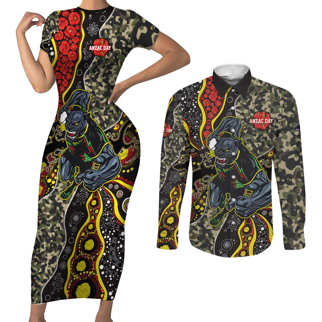 Personalized Penrith Panthers ANZAC Couples Matching Short Sleeve Bodycon Dress and Long Sleeve Button Shirt Aboriginal Indigenous Poppy Panther Warrior