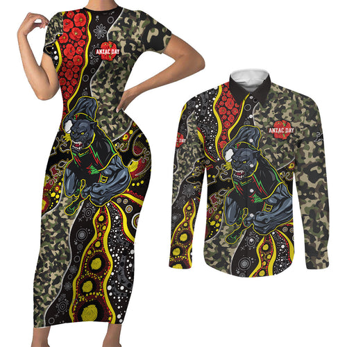 Personalized Penrith Panthers ANZAC Couples Matching Short Sleeve Bodycon Dress and Long Sleeve Button Shirt Aboriginal Indigenous Poppy Panther Warrior