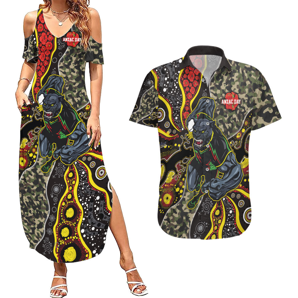 Personalized Penrith Panthers ANZAC Couples Matching Summer Maxi Dress and Hawaiian Shirt Aboriginal Indigenous Poppy Panther Warrior