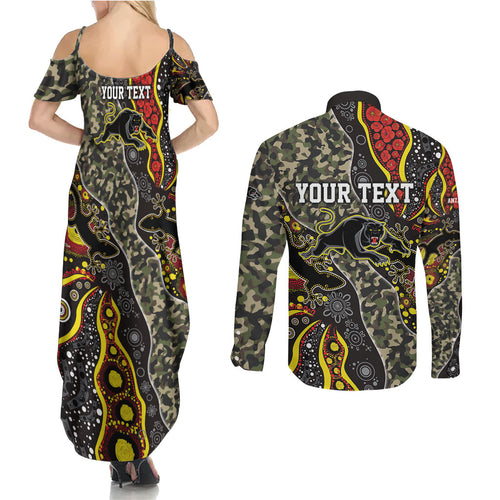 Personalized Penrith Panthers ANZAC Couples Matching Summer Maxi Dress and Long Sleeve Button Shirt Aboriginal Indigenous Poppy Panther Warrior