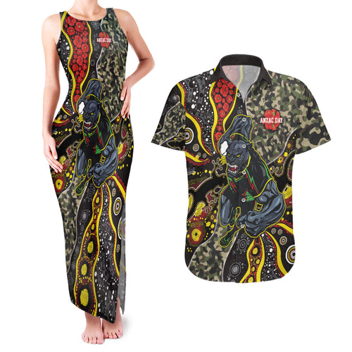 Personalized Penrith Panthers ANZAC Couples Matching Tank Maxi Dress and Hawaiian Shirt Aboriginal Indigenous Poppy Panther Warrior