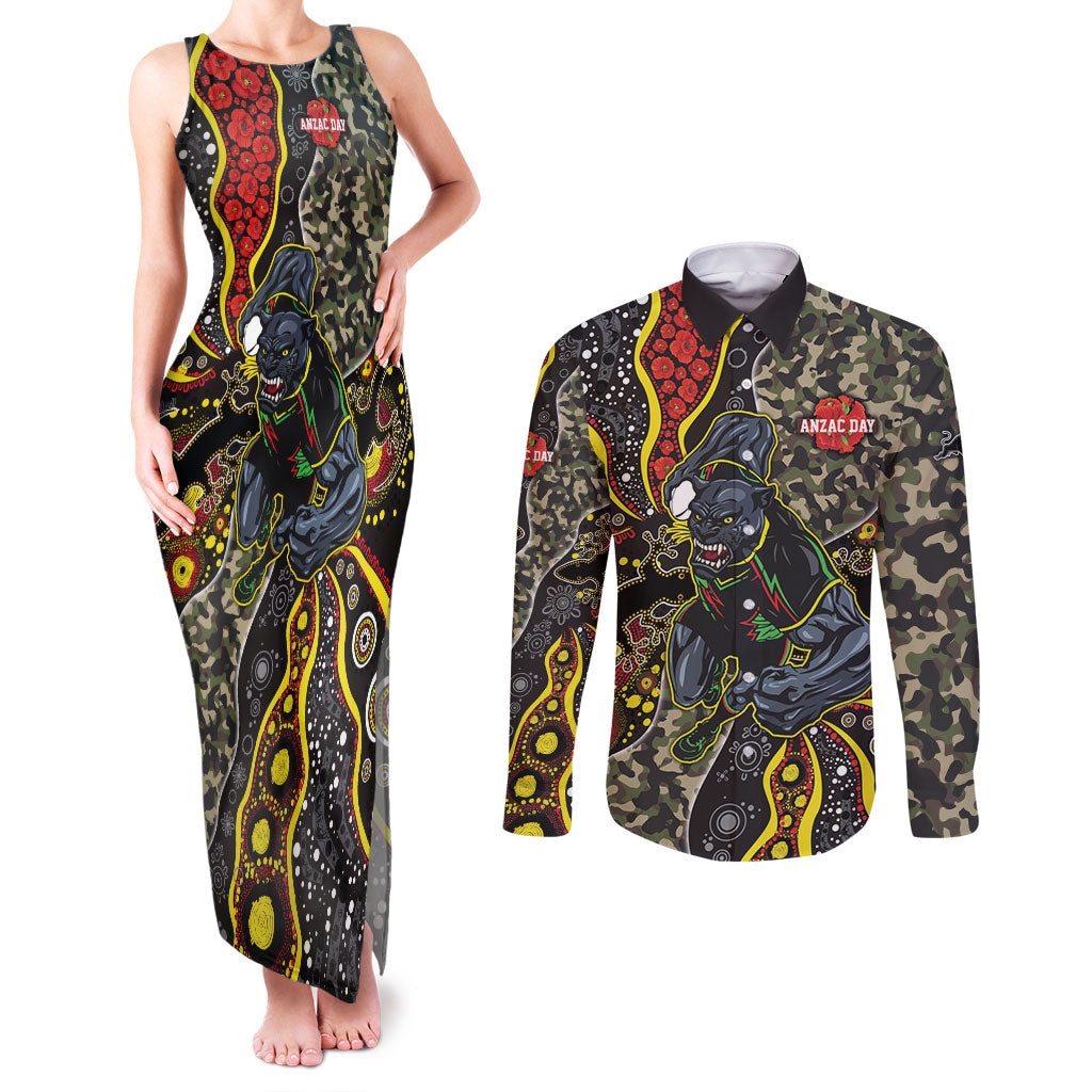 Personalized Penrith Panthers ANZAC Couples Matching Tank Maxi Dress and Long Sleeve Button Shirt Aboriginal Indigenous Poppy Panther Warrior