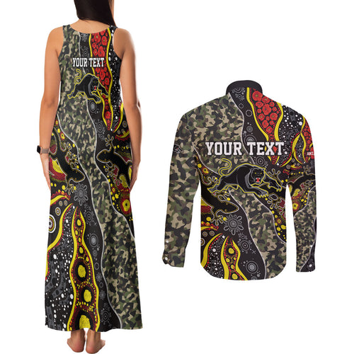 Personalized Penrith Panthers ANZAC Couples Matching Tank Maxi Dress and Long Sleeve Button Shirt Aboriginal Indigenous Poppy Panther Warrior