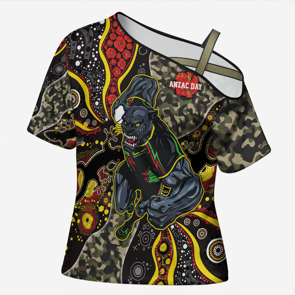 Personalized Penrith Panthers ANZAC Cross Shoulder Shirt Aboriginal Indigenous Poppy Panther Warrior