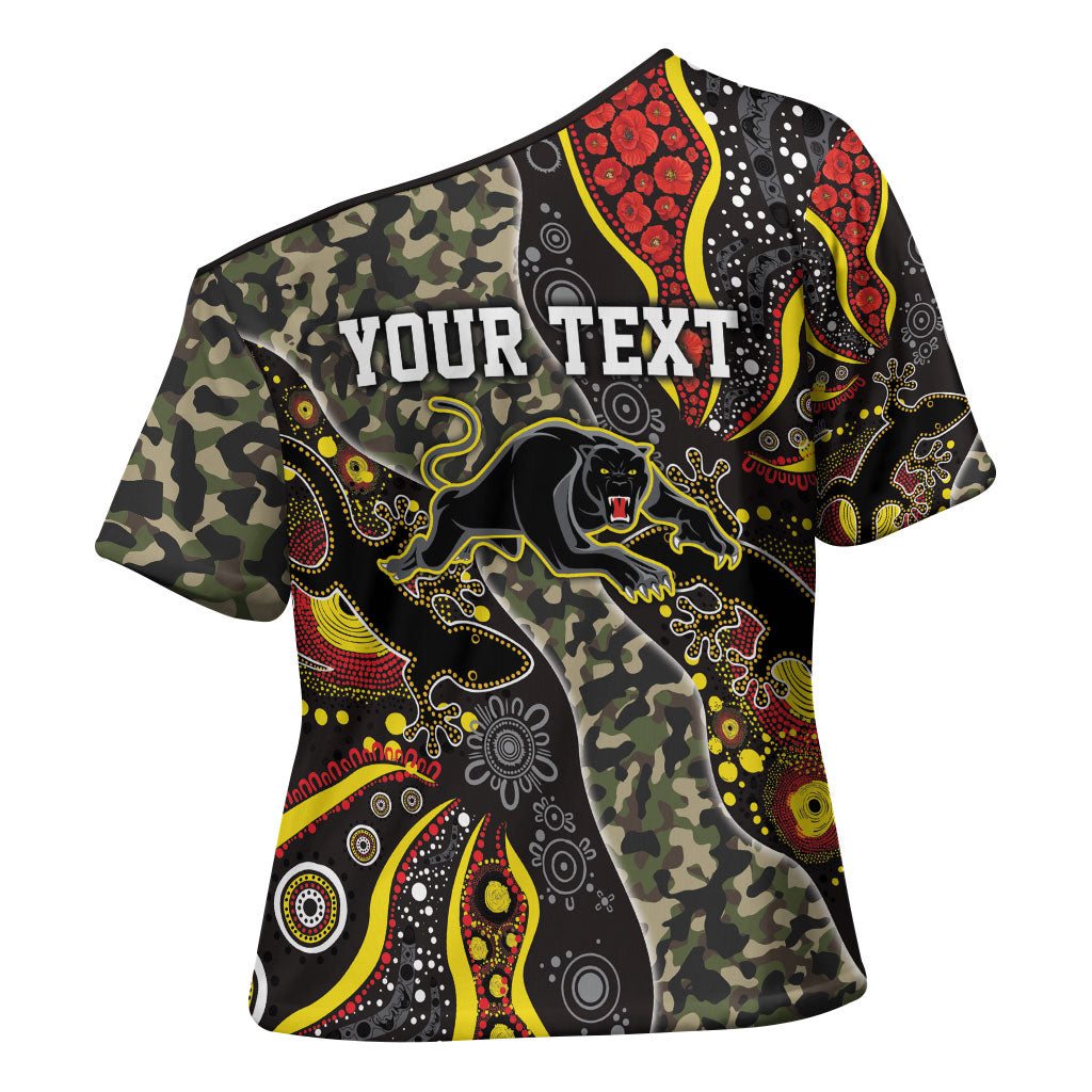 Personalized Penrith Panthers ANZAC Cross Shoulder Shirt Aboriginal Indigenous Poppy Panther Warrior