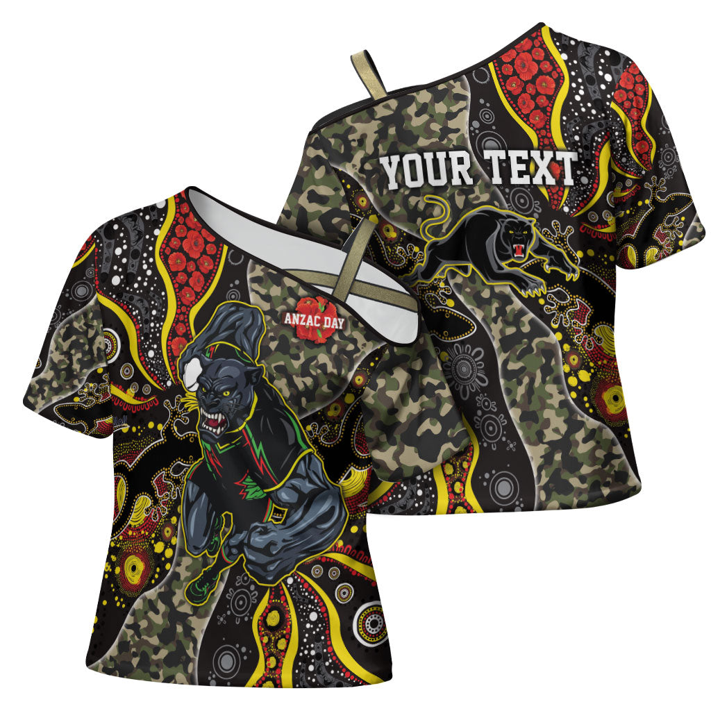 Personalized Penrith Panthers ANZAC Cross Shoulder Shirt Aboriginal Indigenous Poppy Panther Warrior