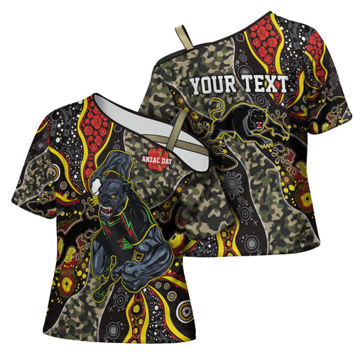 Personalized Penrith Panthers ANZAC Cross Shoulder Shirt Aboriginal Indigenous Poppy Panther Warrior
