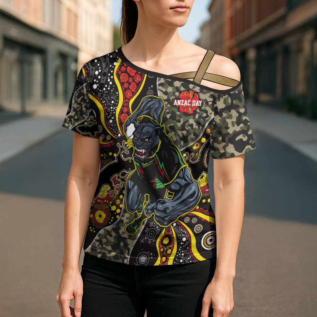 Personalized Penrith Panthers ANZAC Cross Shoulder Shirt Aboriginal Indigenous Poppy Panther Warrior