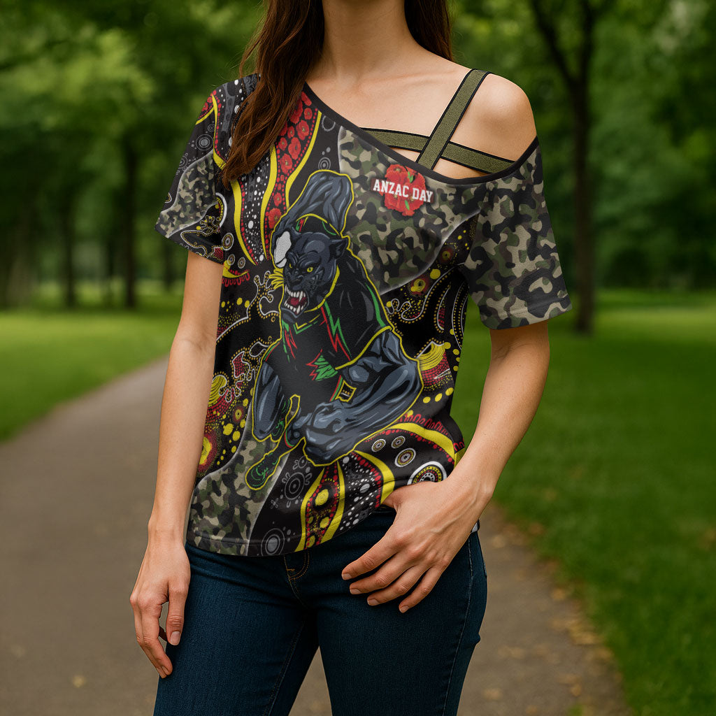Personalized Penrith Panthers ANZAC Cross Shoulder Shirt Aboriginal Indigenous Poppy Panther Warrior