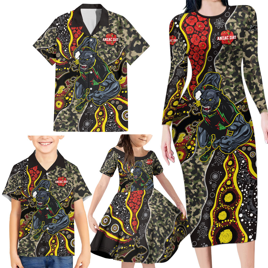 Personalized Penrith Panthers ANZAC Family Matching Long Sleeve Bodycon Dress and Hawaiian Shirt Aboriginal Indigenous Poppy Panther Warrior