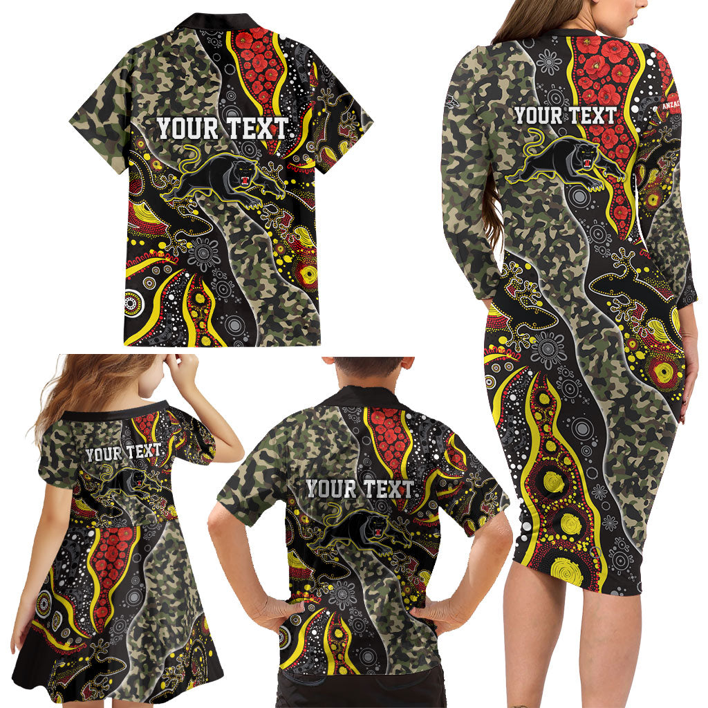 Personalized Penrith Panthers ANZAC Family Matching Long Sleeve Bodycon Dress and Hawaiian Shirt Aboriginal Indigenous Poppy Panther Warrior