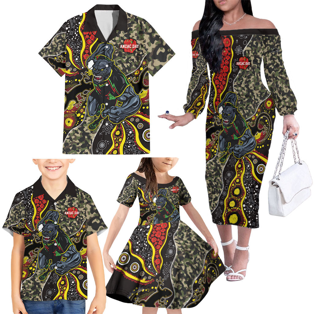 Personalized Penrith Panthers ANZAC Family Matching Off The Shoulder Long Sleeve Dress and Hawaiian Shirt Aboriginal Indigenous Poppy Panther Warrior