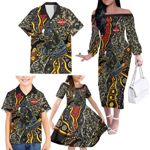 Personalized Penrith Panthers ANZAC Family Matching Off The Shoulder Long Sleeve Dress and Hawaiian Shirt Aboriginal Indigenous Poppy Panther Warrior