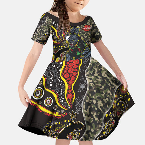 Personalized Penrith Panthers ANZAC Family Matching Off The Shoulder Long Sleeve Dress and Hawaiian Shirt Aboriginal Indigenous Poppy Panther Warrior