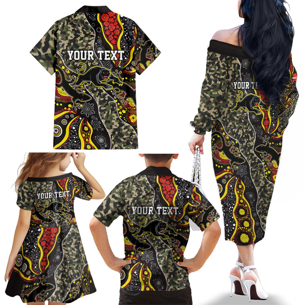 Personalized Penrith Panthers ANZAC Family Matching Off The Shoulder Long Sleeve Dress and Hawaiian Shirt Aboriginal Indigenous Poppy Panther Warrior