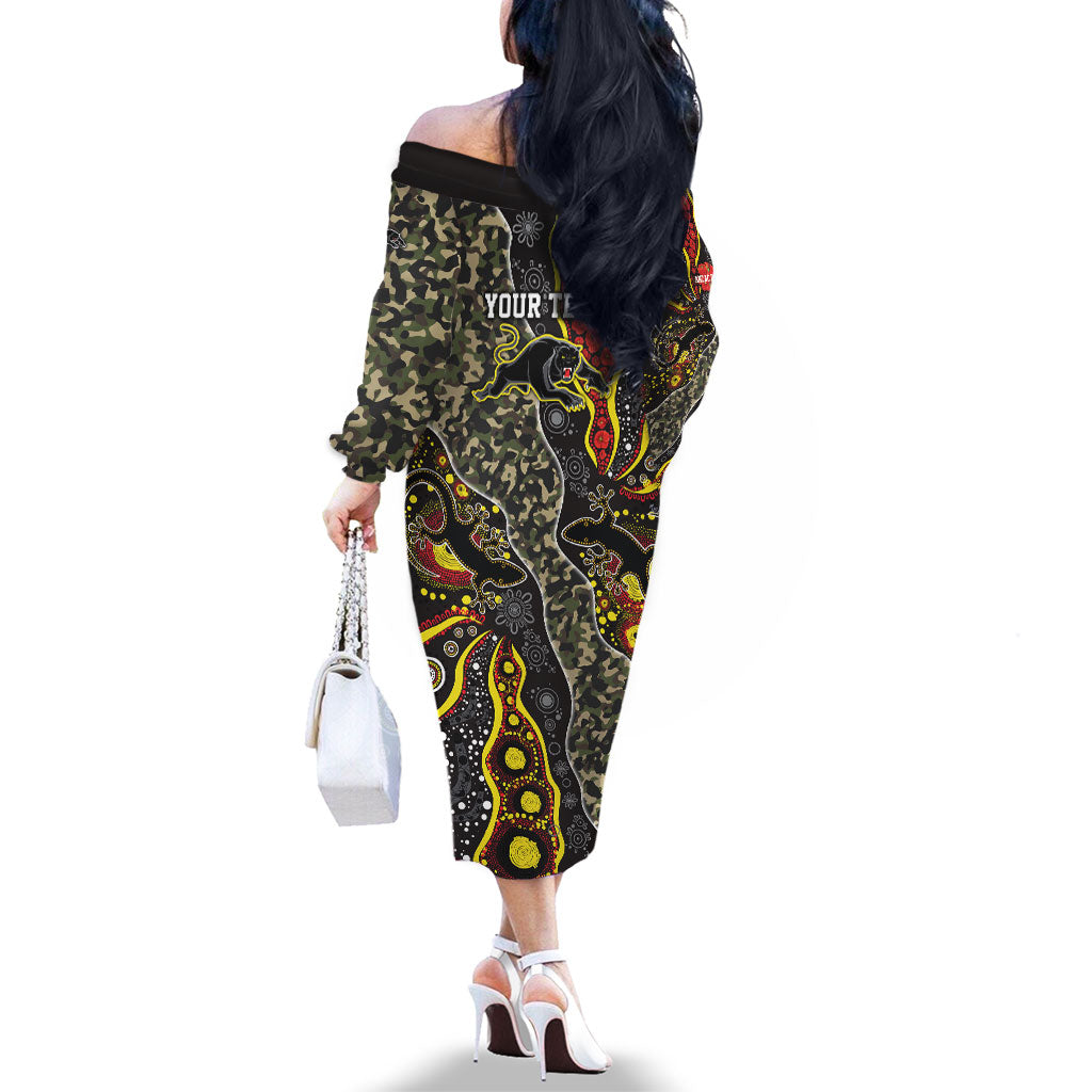 Personalized Penrith Panthers ANZAC Family Matching Off The Shoulder Long Sleeve Dress and Hawaiian Shirt Aboriginal Indigenous Poppy Panther Warrior