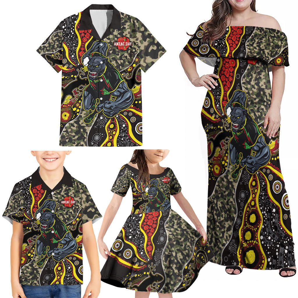 Personalized Penrith Panthers ANZAC Family Matching Off Shoulder Maxi Dress and Hawaiian Shirt Aboriginal Indigenous Poppy Panther Warrior