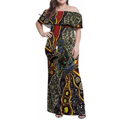 Personalized Penrith Panthers ANZAC Family Matching Off Shoulder Maxi Dress and Hawaiian Shirt Aboriginal Indigenous Poppy Panther Warrior