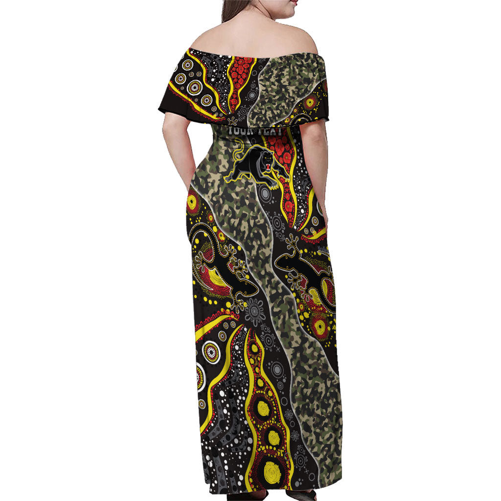Personalized Penrith Panthers ANZAC Family Matching Off Shoulder Maxi Dress and Hawaiian Shirt Aboriginal Indigenous Poppy Panther Warrior