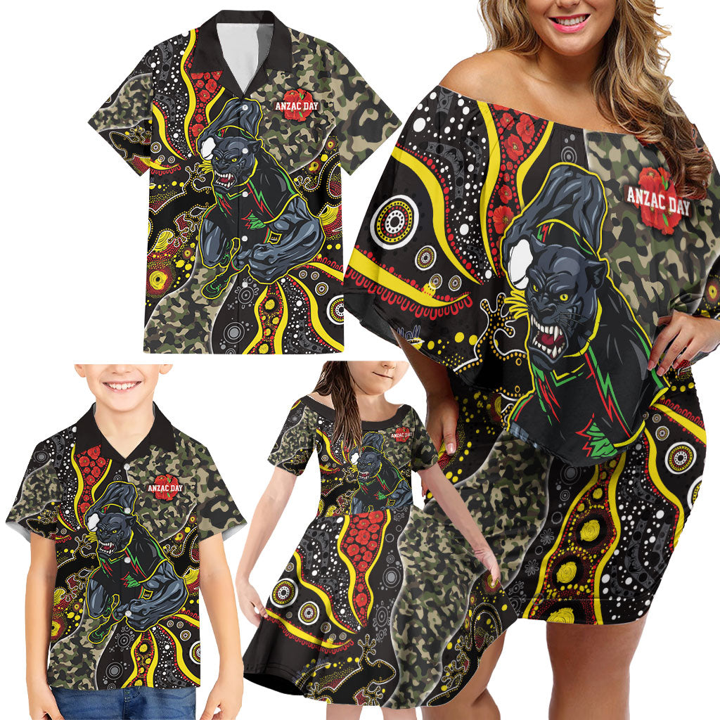 Personalized Penrith Panthers ANZAC Family Matching Off Shoulder Short Dress and Hawaiian Shirt Aboriginal Indigenous Poppy Panther Warrior