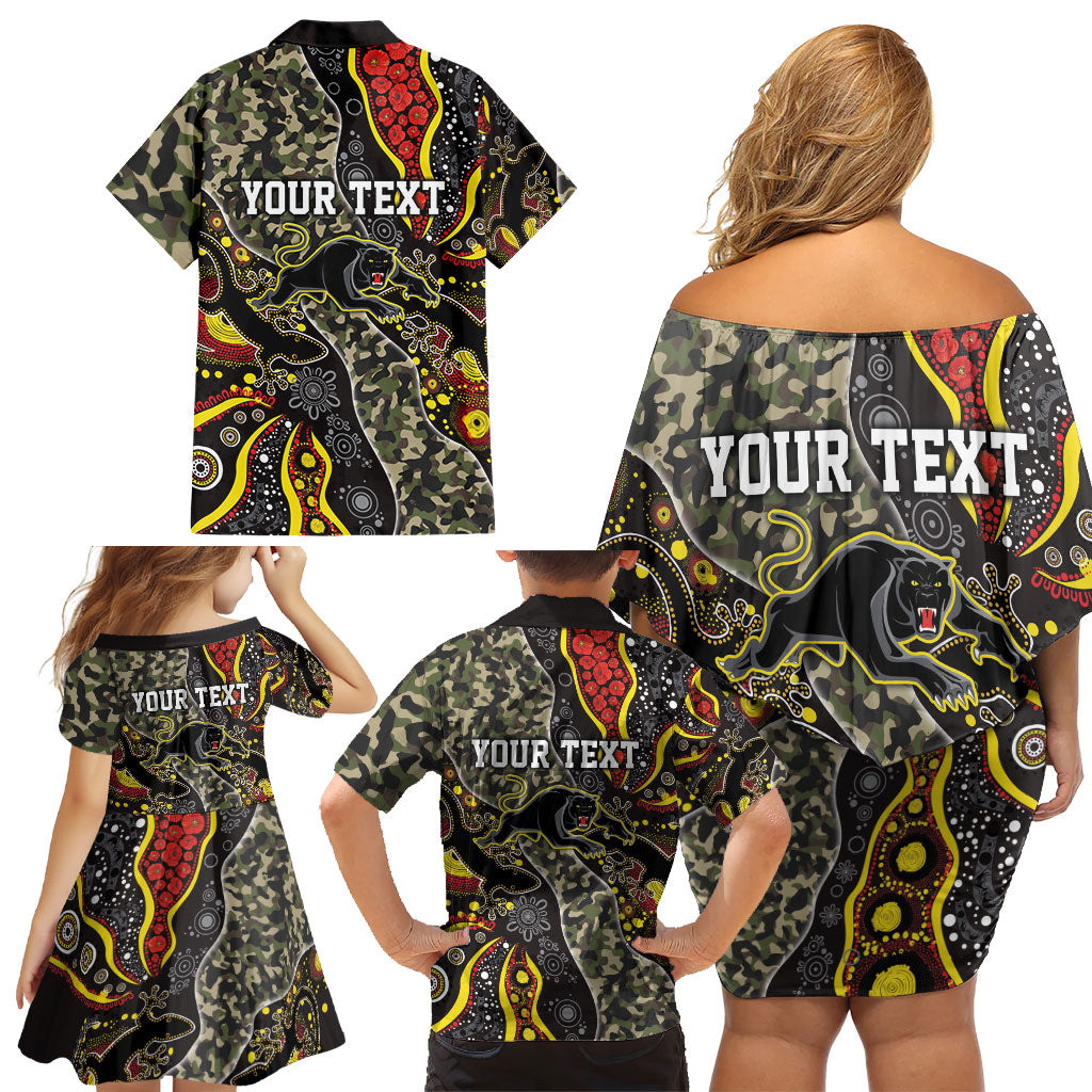 Personalized Penrith Panthers ANZAC Family Matching Off Shoulder Short Dress and Hawaiian Shirt Aboriginal Indigenous Poppy Panther Warrior